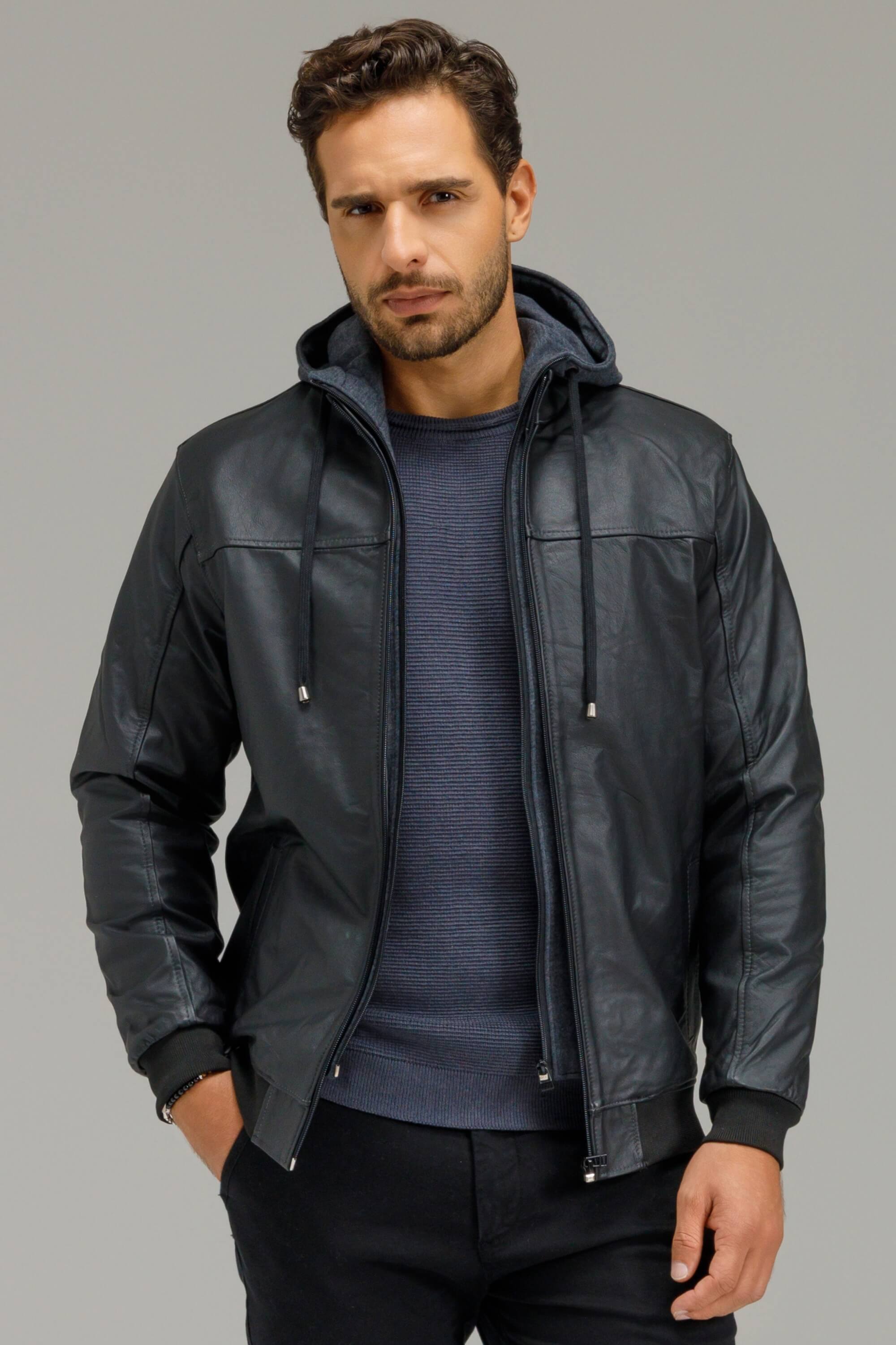 Javali Couros Jaqueta de Couro Com Capuz Removível Preta