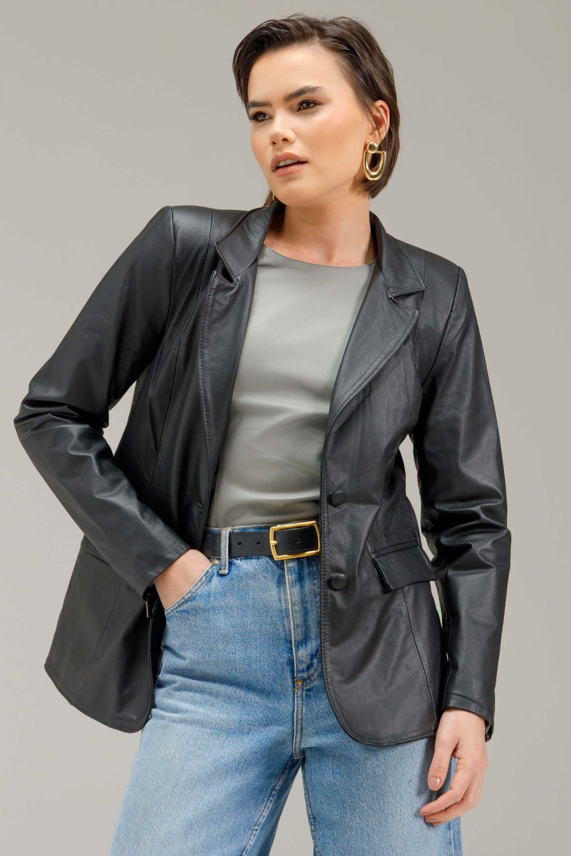 JVL leather forever Blazer de Couro Preto