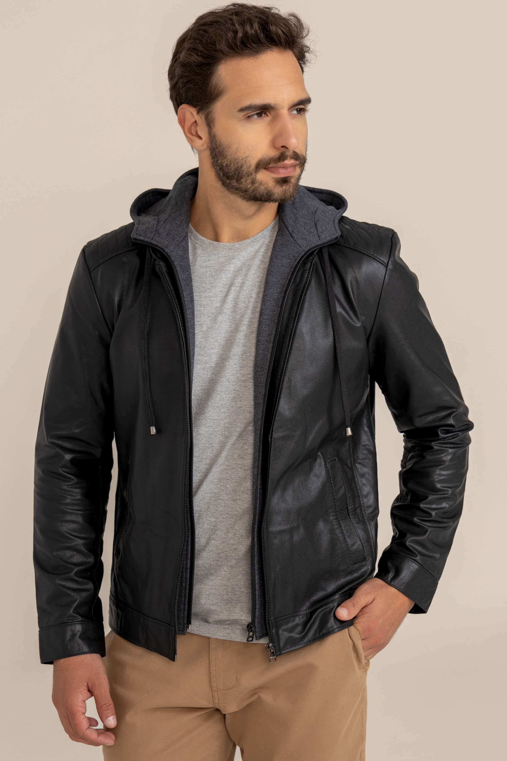 Javali Couros | Jaqueta de Couro Com Capuz Removível Preta