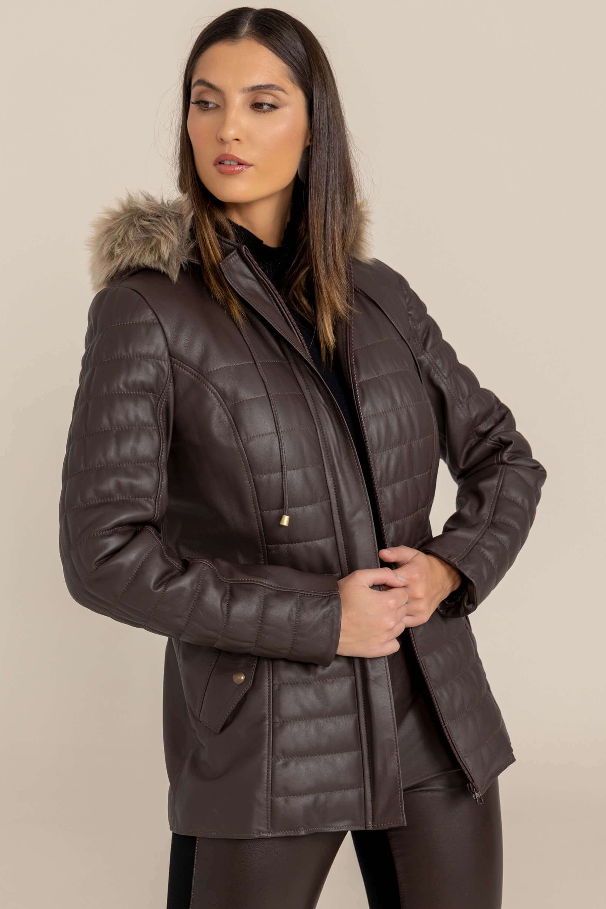 Javali Couros | Jaqueta de Couro Pelica Com Capuz Removível Marrom