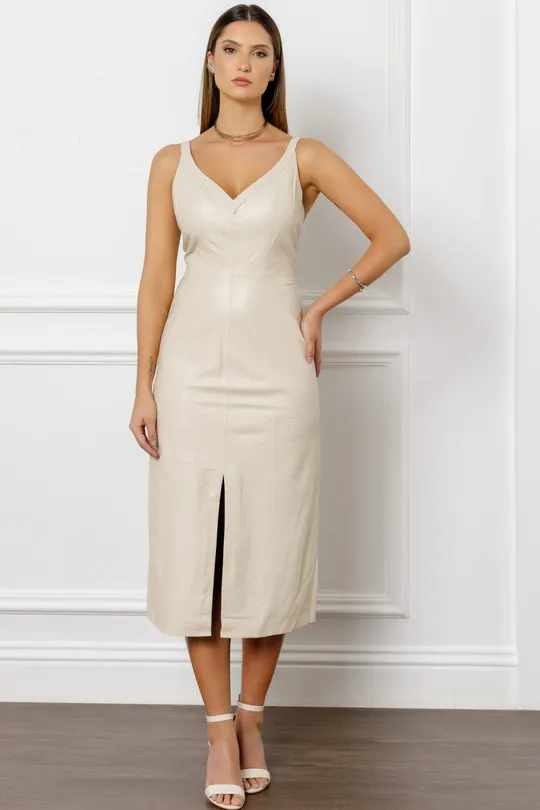 Vestido Midi em Couro Pelica Off White