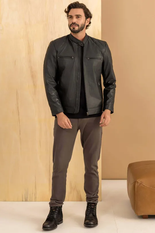 Jaqueta de Couro Biker Preta Dominic