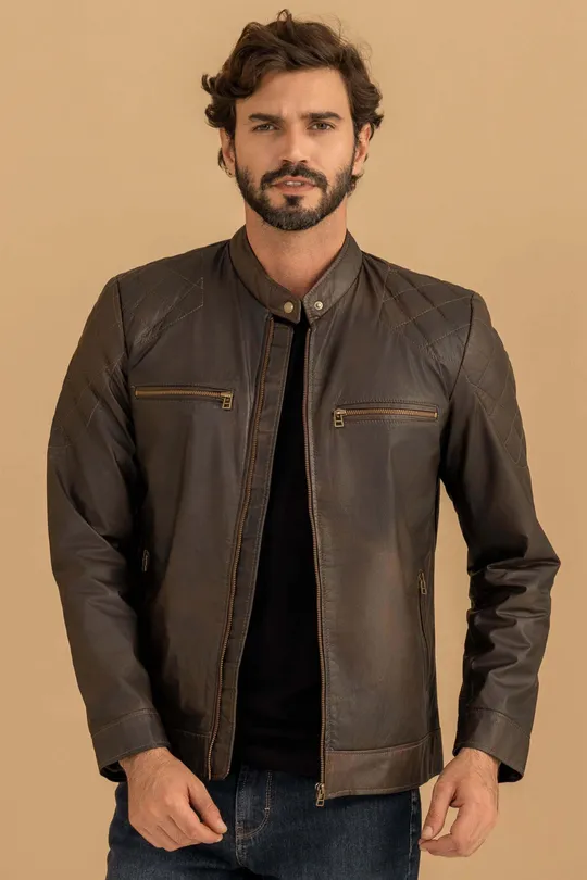 Jaqueta de Couro Biker Selvagem Manchado Dominic