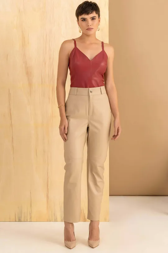 Calça de Couro Pelica Bege Chanel
