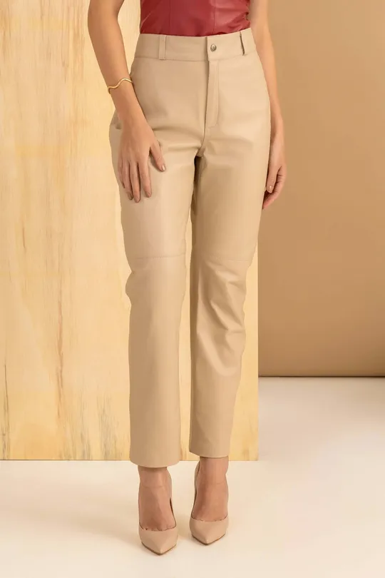 Calça de Couro Pelica Bege Chanel