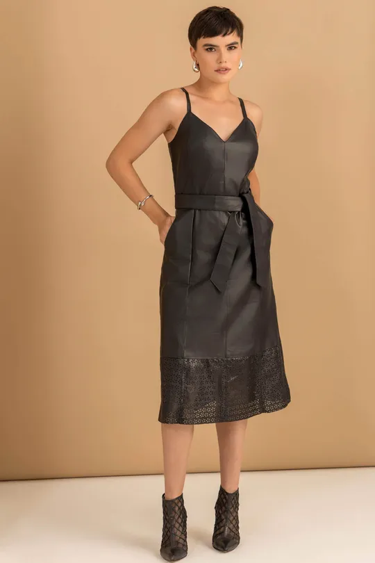 Vestido Midi em Couro Pelica Preto