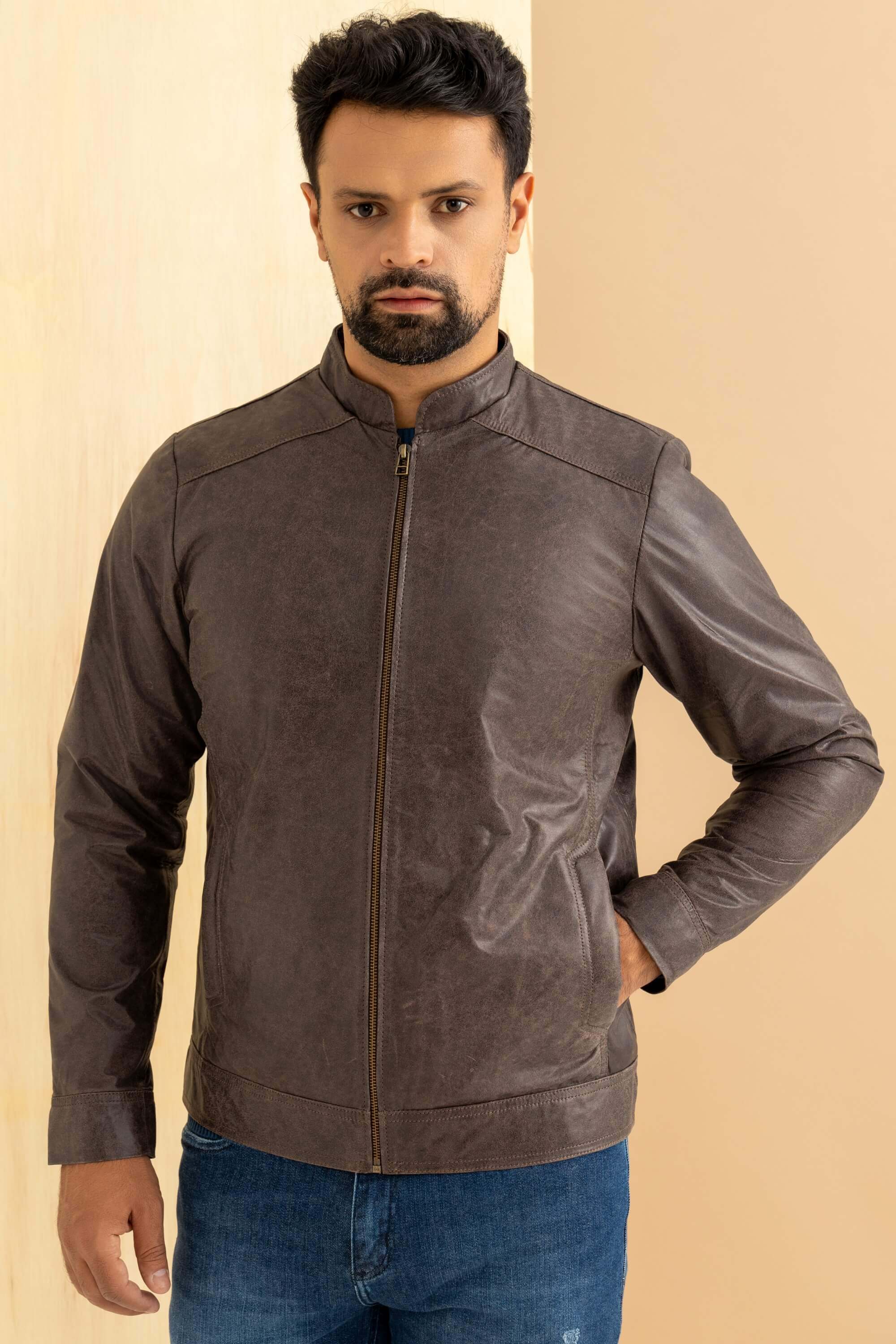 Javali Couros | Jaqueta de Couro Slim Kraky Café