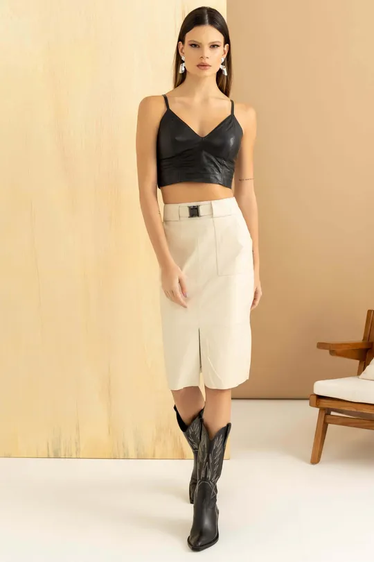 Saia Lápis Com Fivela em Couro Pelica  Off White