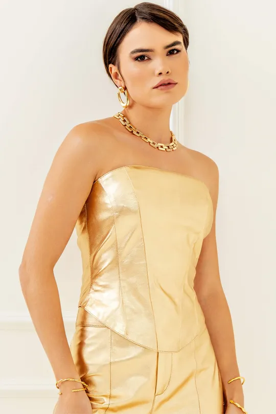 Blusa Aurea em Couro Pelica Dourado