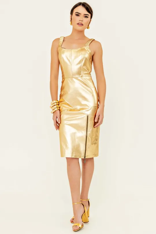 Vestido Lara em Couro Pelica Dourado