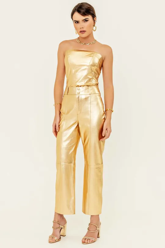 Calça Cris em Couro Pelica Dourado