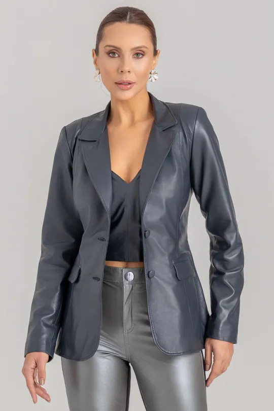 Blazer de Couro Pelica Marinho Valentina