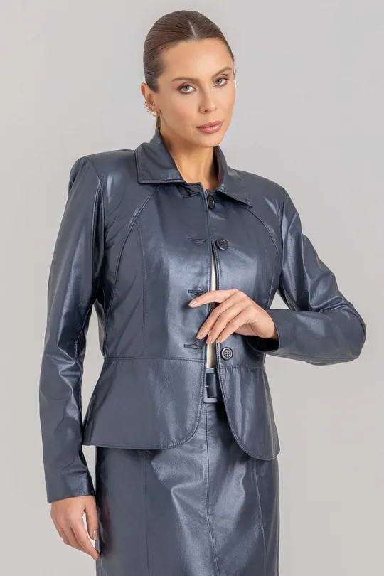 Blazer Tainá de Couro Marinho Metalizado