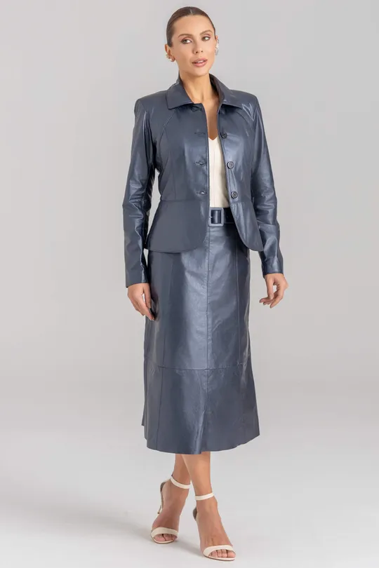 Blazer Tainá de Couro Marinho Metalizado