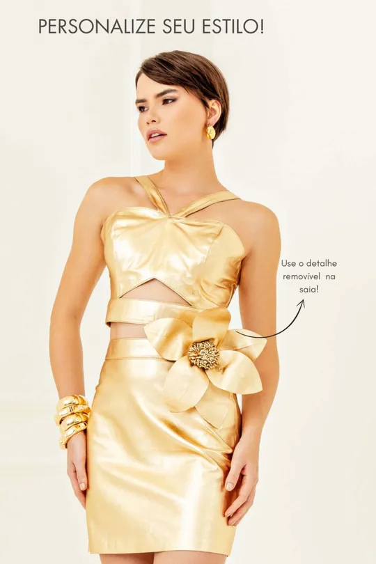 Mini Saia Carla de Couro Pelica Dourado Mini Saia Carla de Couro Pelica Dourado