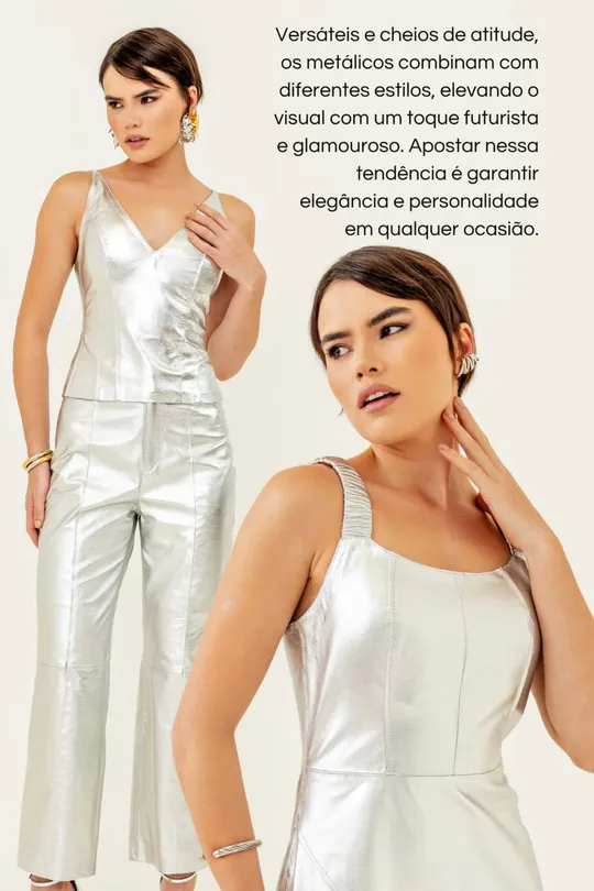 Calça Cris em Couro Pelica Cor Prata