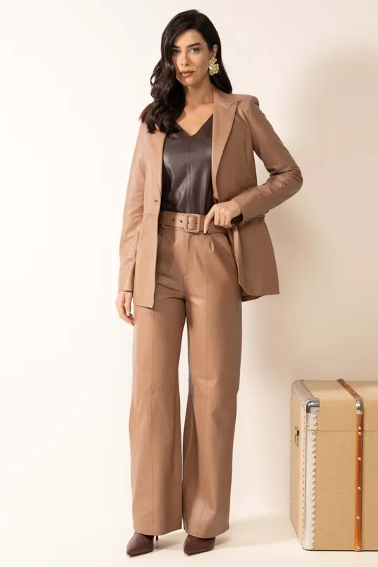 Blazer Alongado Taylor de Couro Pelica Mocca