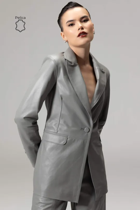 Blazer Alongado Taylor de Couro Pelica Cinza