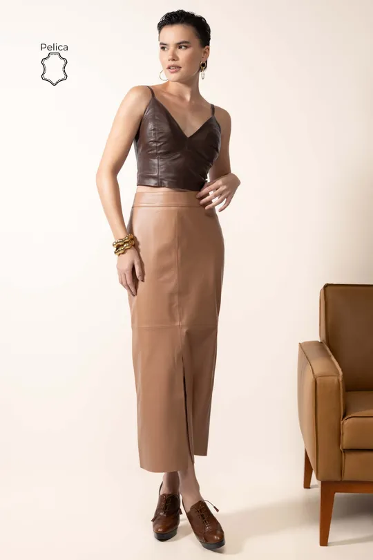 Saia Zoe de Couro Pelica Mocca