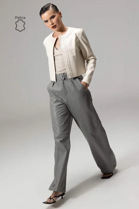Calça Joane  de Couro Pelica Cinza