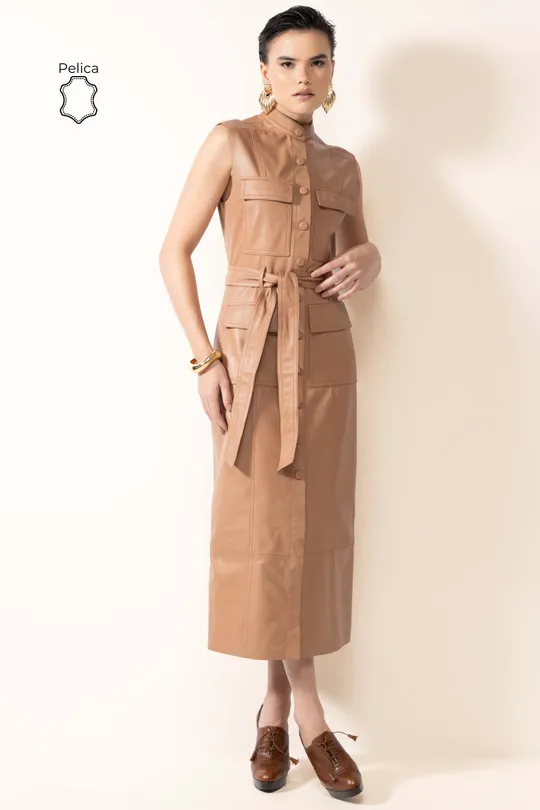 Vestido Viv de Couro Pelica Mocca