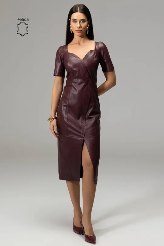 Vestido Tubo em Couro Pelica Bordo