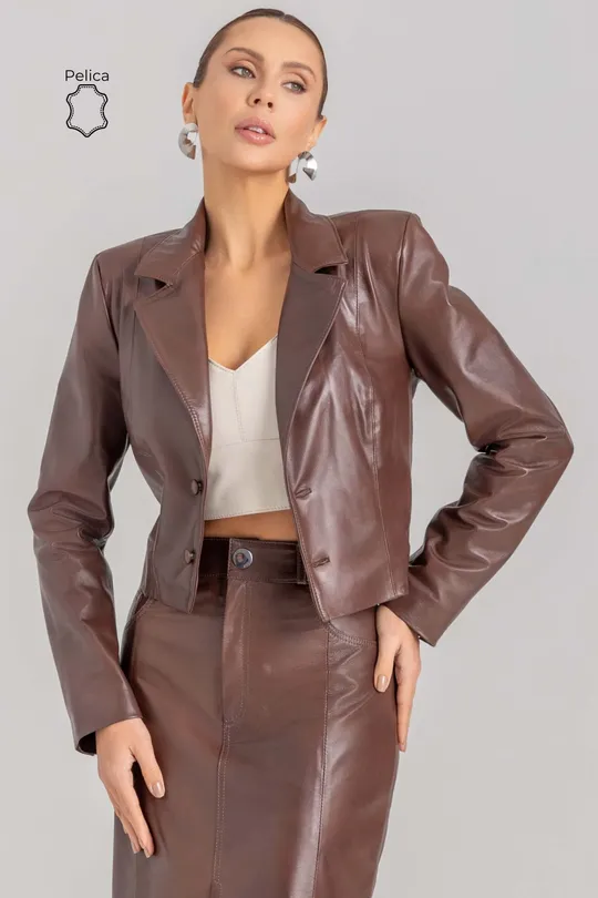 Blazer Helena de Couro Pelica Chocolate