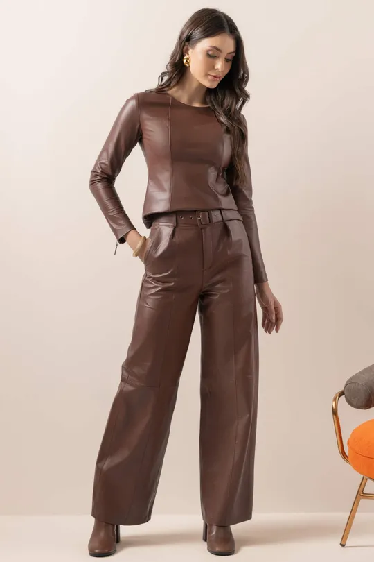 Blusa Ally de Couro Pelica Truffle