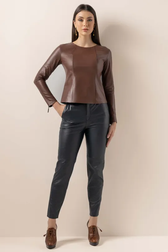 Calça Amanda de Couro Italiano Marinho