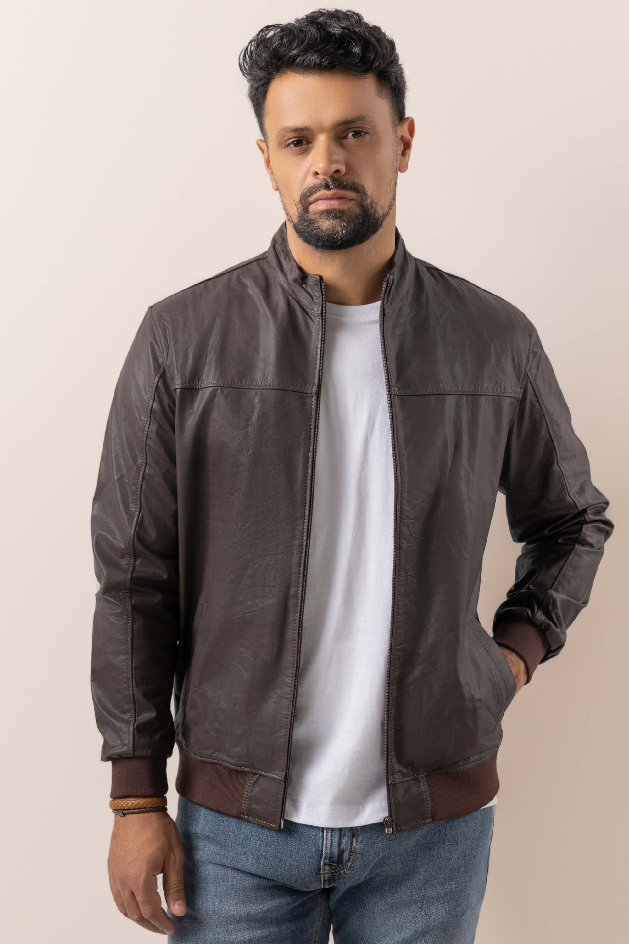 T.T　　julius parking staff jacket Jaqueta Theo de Couro Marrom | JVL