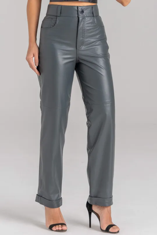 Calça Lílian de Couro Pelica Cinza