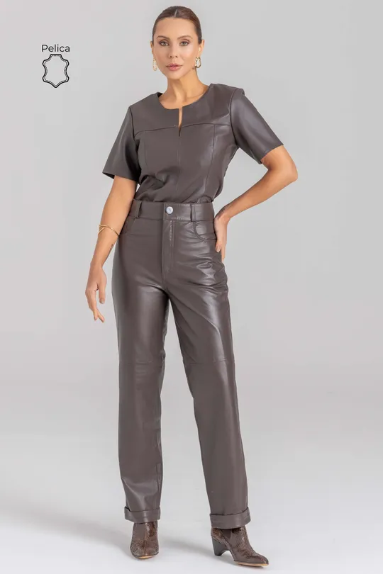 Calça Lílian de Couro Pelica Marrom