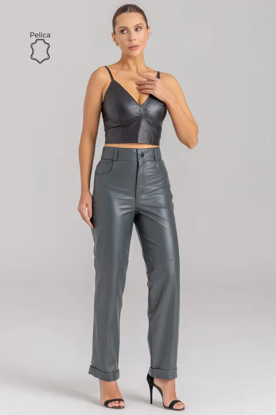 Calça Lílian de Couro Pelica Cinza