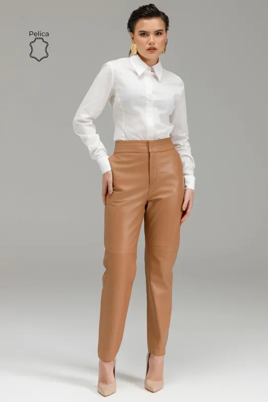 Calça Anna de Couro Pelica Mocca