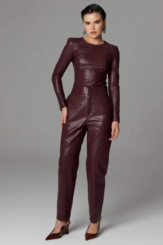 Calça Anna de Couro Pelica Burgundy