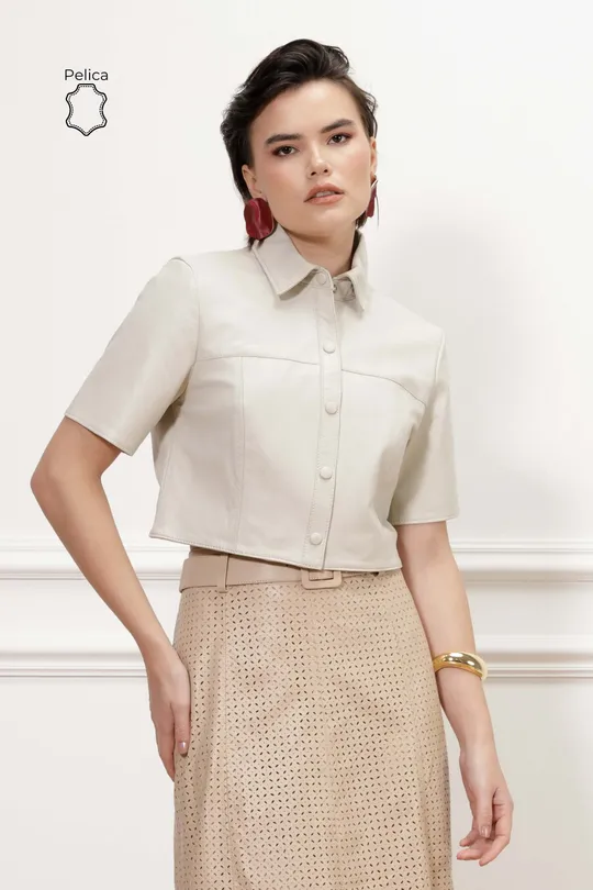 Camisa Cropped Manon de Couro Pelica Gelo