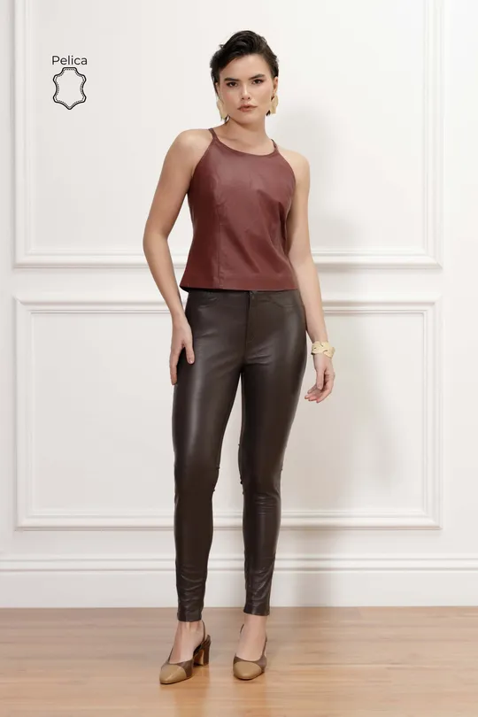 Calça com Malha Una - Pelica Marrom
