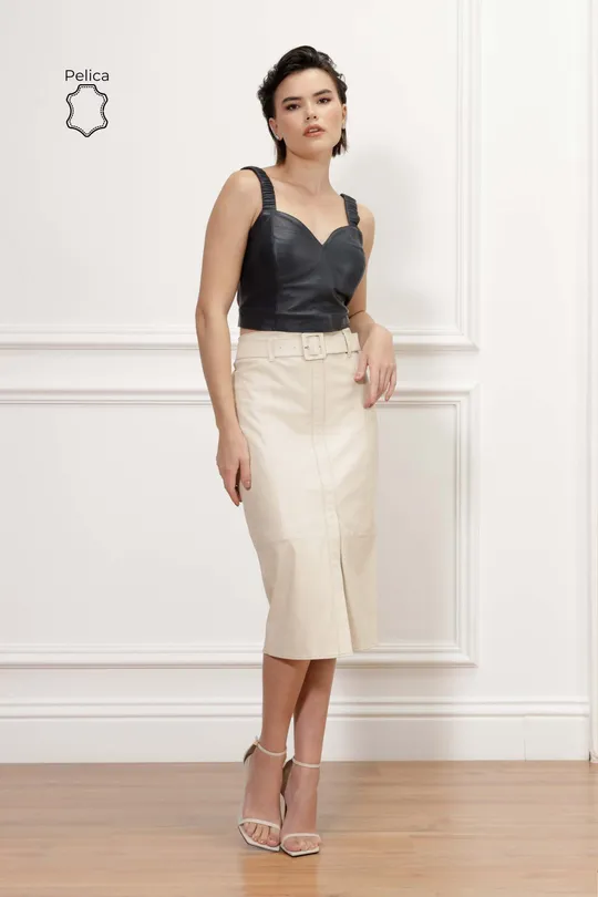 Saia Midi Sunny de Couro Pelica Off White