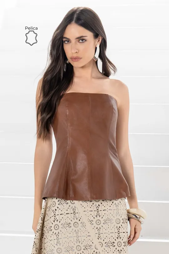 Top Peplum Anne sem Alças  Pelica Caramelo Anelina