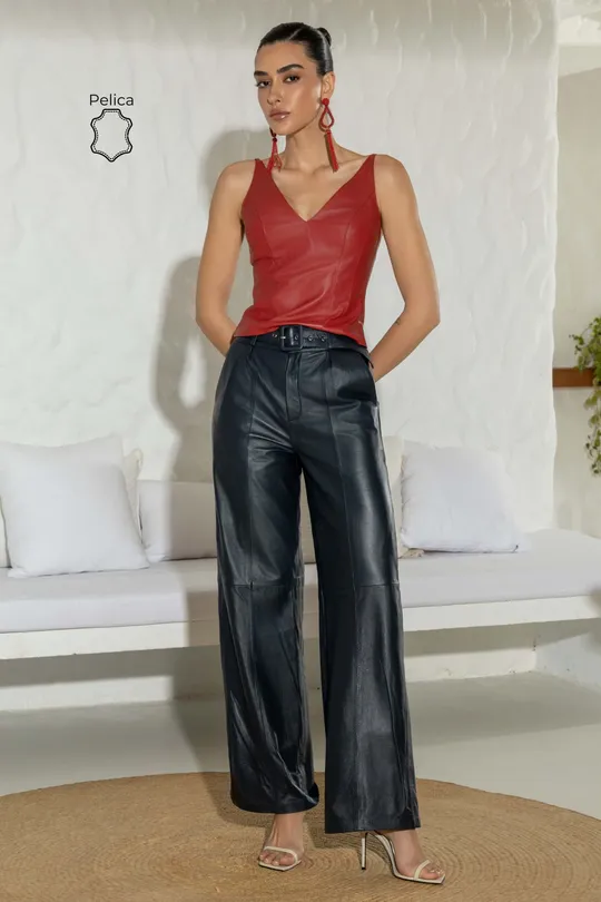 Calça Joane de Couro Pelica Marinho