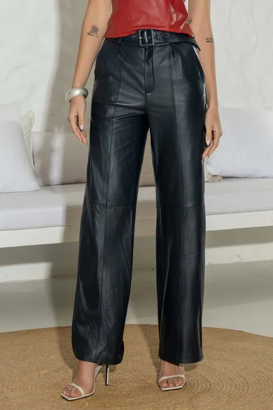 Calça Joane de Couro Pelica Marinho