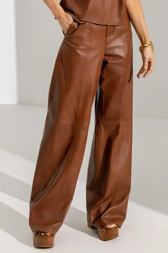 Calça Joane de Couro Pelica Caramelo