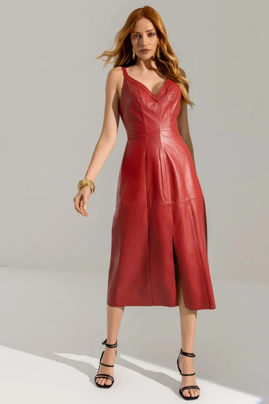 Vestido Midi em Couro Pelica Vermelha