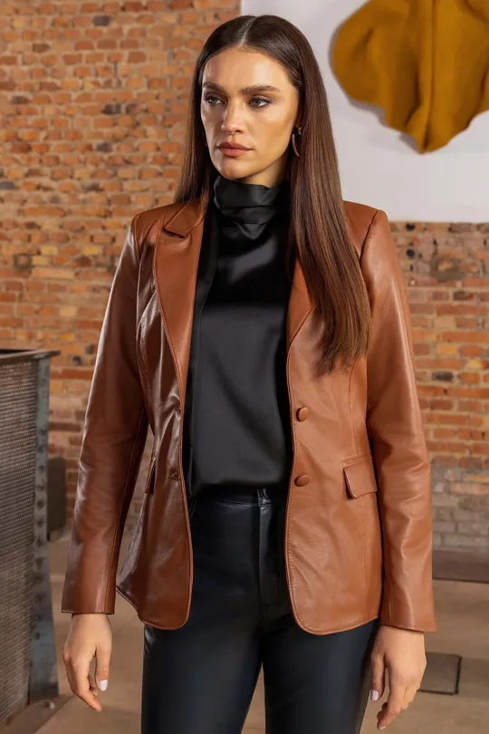 Blazer Valentina de Couro Pelica Trape Caramelo