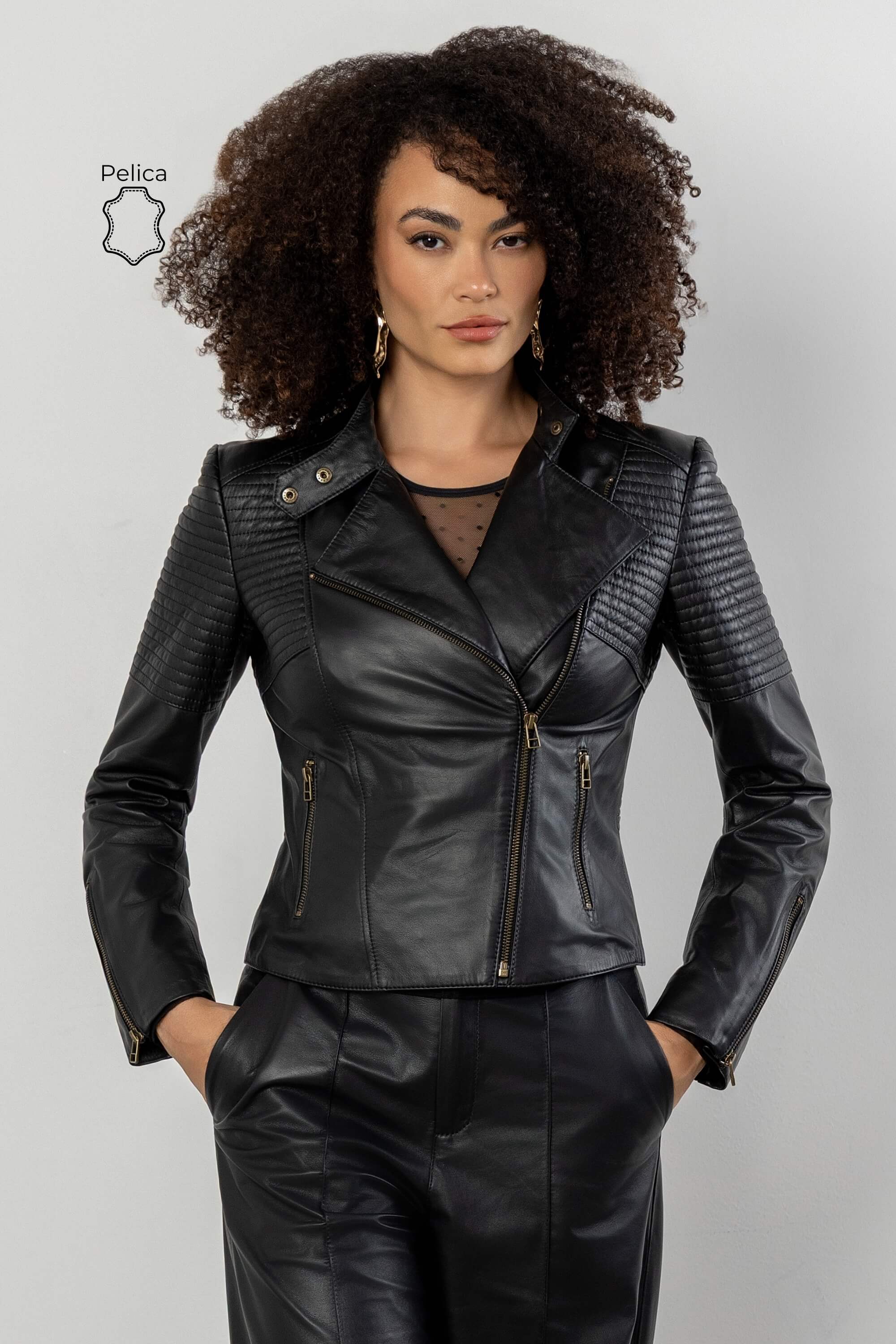 ジャケット・アウター Jan & Carlos Multi Pocket Leather Jacket Jaqueta de Couro Pelica Preta Rani