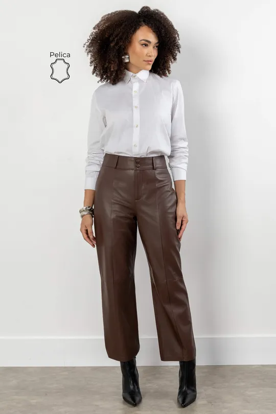 Calça Cris em Couro Pelica Chocolate