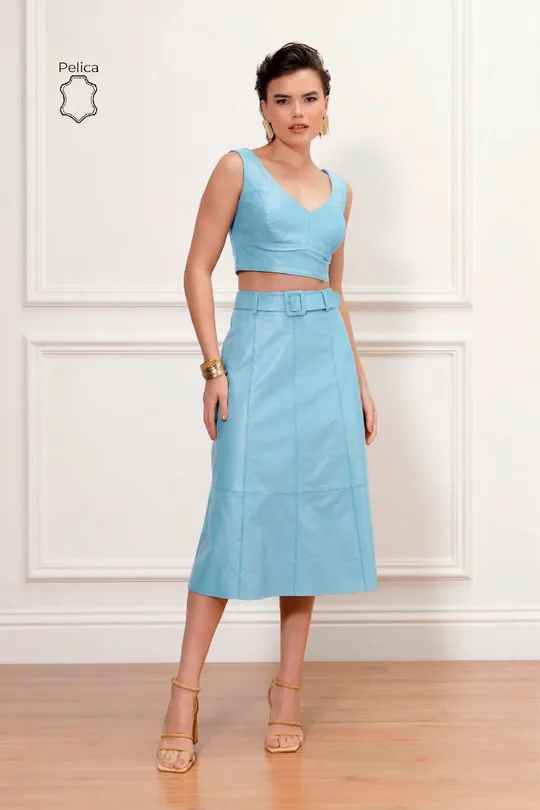 Saia Midi Ceci de Couro Pelica  Azul bebê