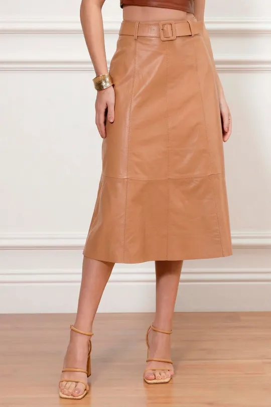 Saia Midi Ceci de Couro Pelica Mocca