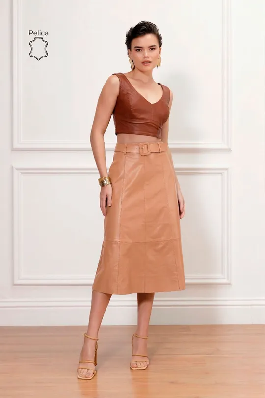 Saia Midi Ceci de Couro Pelica Mocca