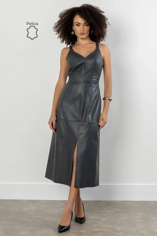 Vestido Midi em Couro Pelica Cinza